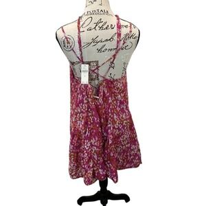 NWT Anthropologie Pink Floral Print Halter Neck Mini Dress Size M Boho Babydoll